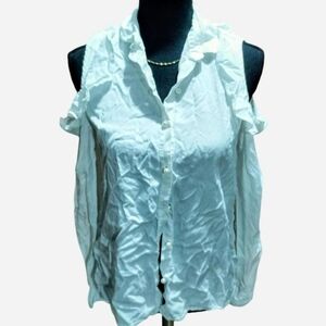 Thread & Supply white long-sleeved button-down blouse with cold-shoulder cutouts